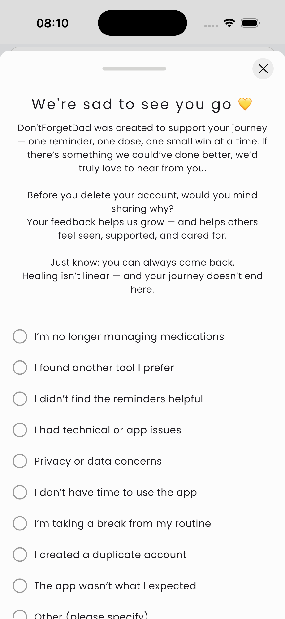 Account deletion reasons