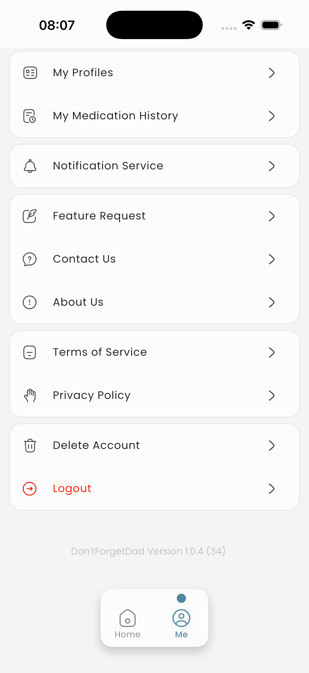 Settings list with Delete Account