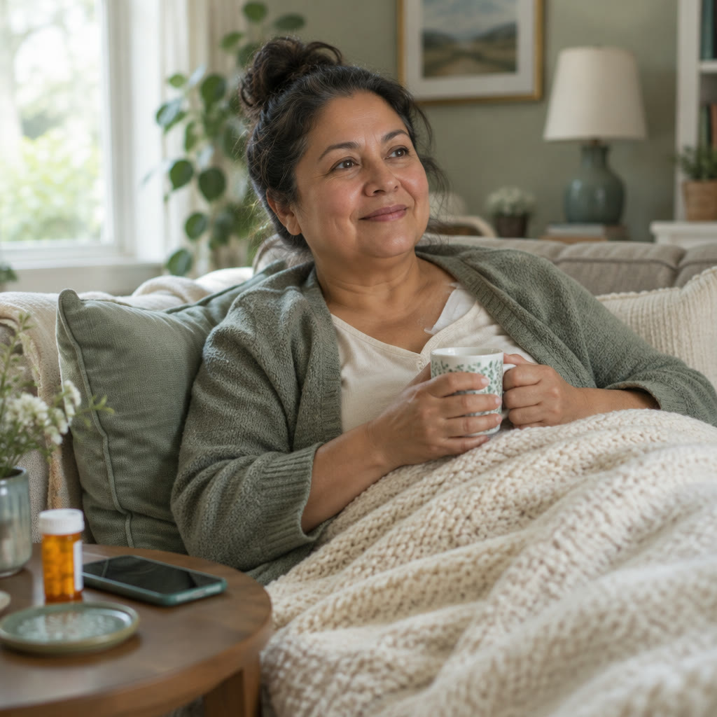 A woman resting on a sofa under a blanket with a cup of tea after surgery