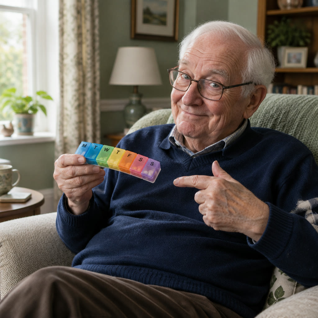 An older man in a navy jumper holding a pill organiser with a knowing look