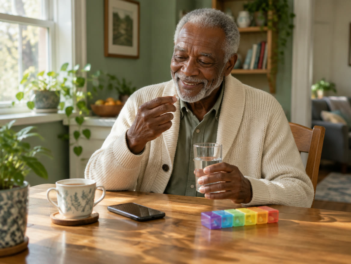 A grandfather in a cream cardigan sits at a sunlit kitchen table taking a pill, with his phone and a pill organiser beside him