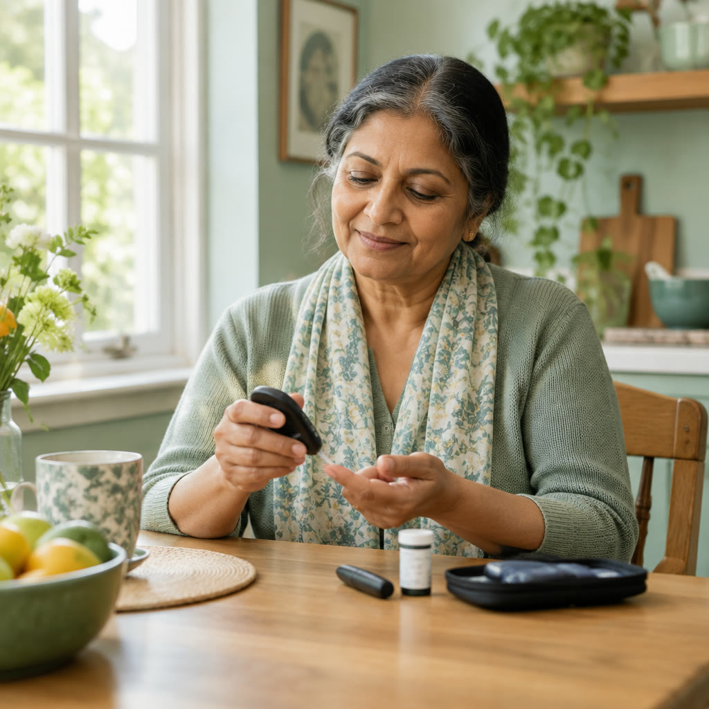 A South Asian woman at home checking her glucose meter