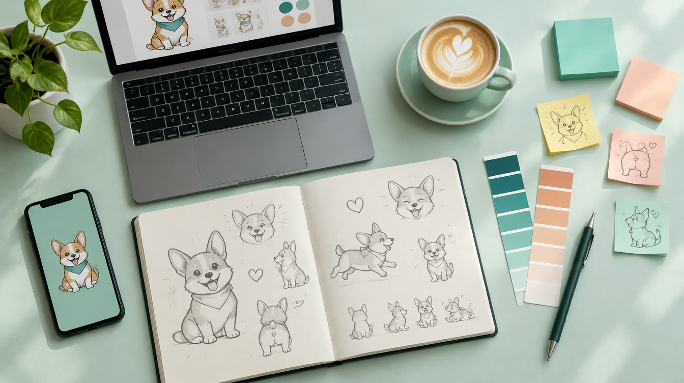 A top-down flat-lay on a mint desk: a laptop, a sketchbook of corgi mascot drawings, sticky notes, teal and peach colour swatches and a coffee