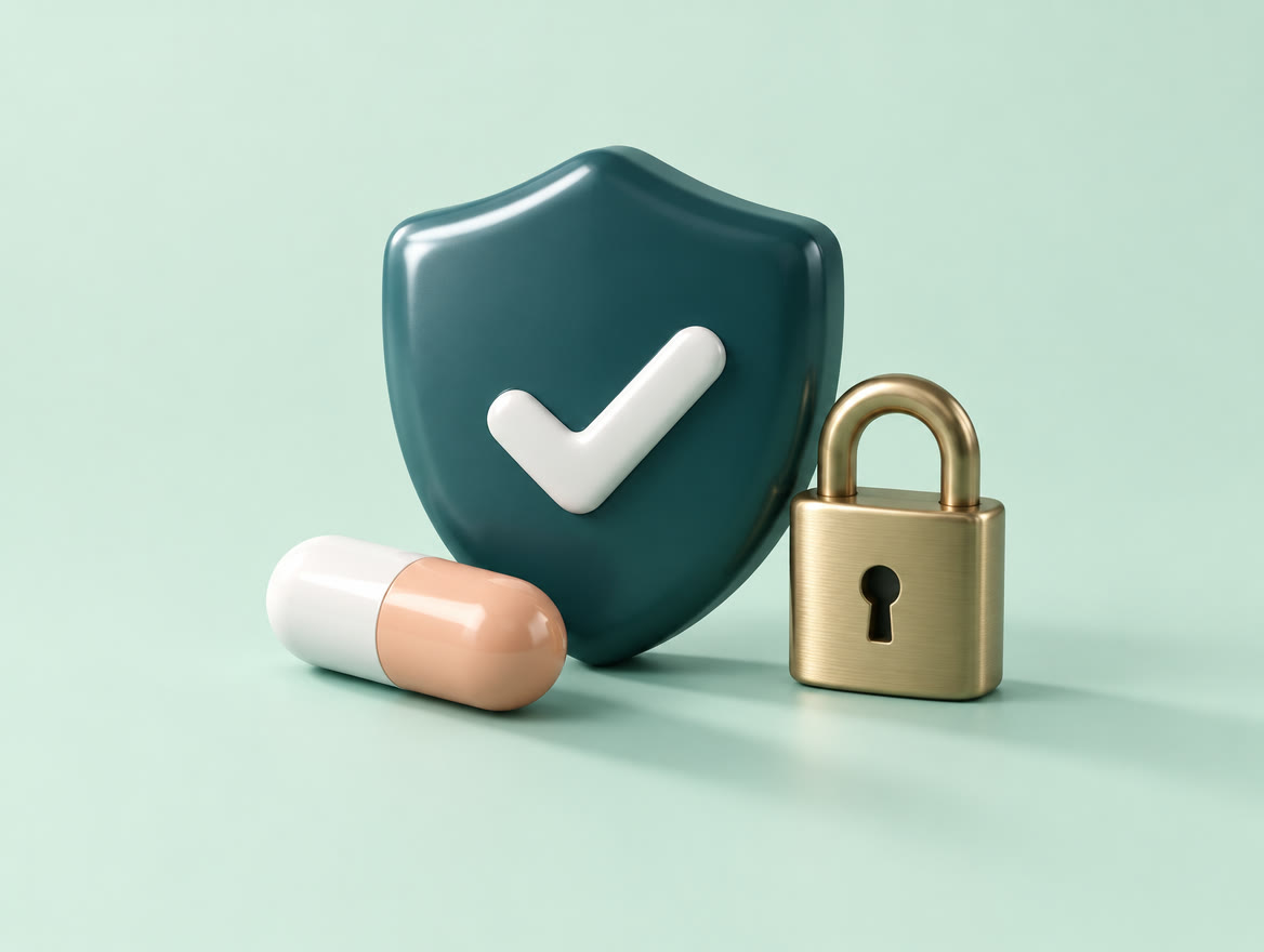 A mint studio still life of a teal shield with a check mark, a capsule and a brass padlock