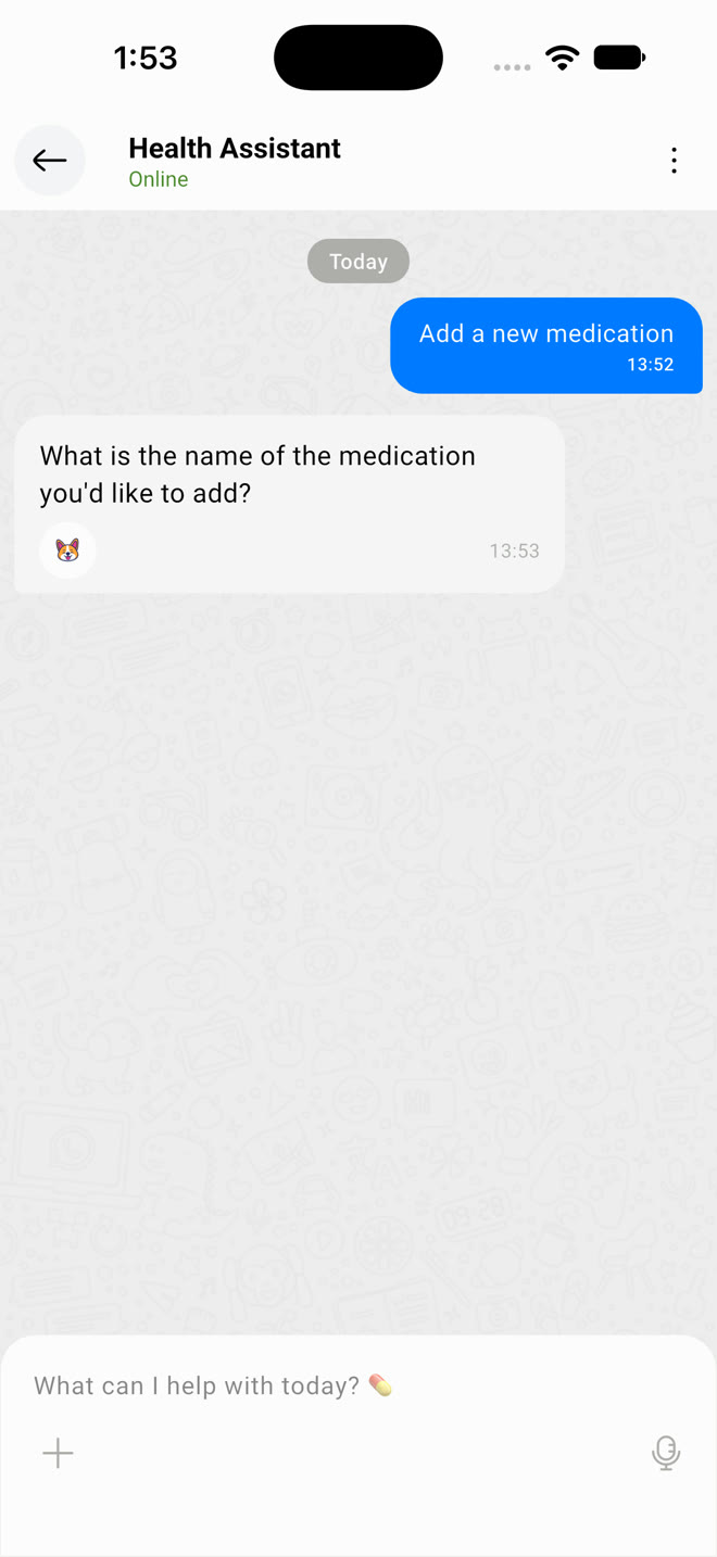 Health Assistant chat asking for the name of a new medication