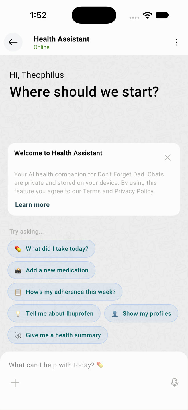 Health Assistant start screen with suggested prompts