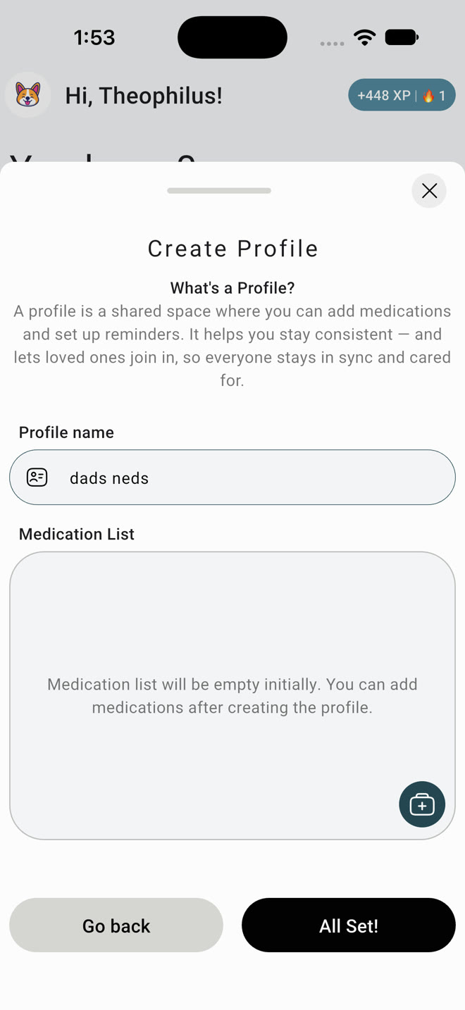 Create Profile screen with Paracetamol added to a care profile