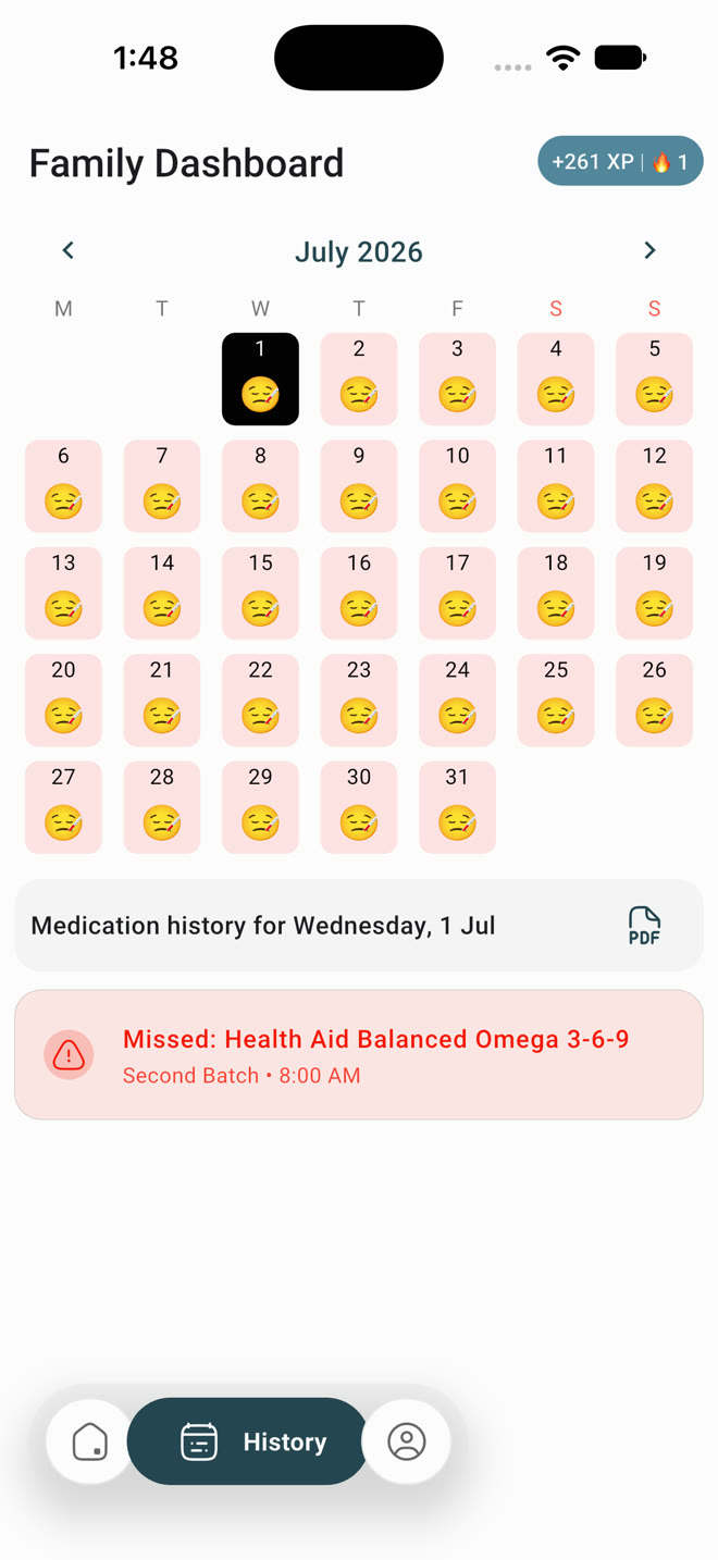 Family Dashboard calendar showing a missed dose card