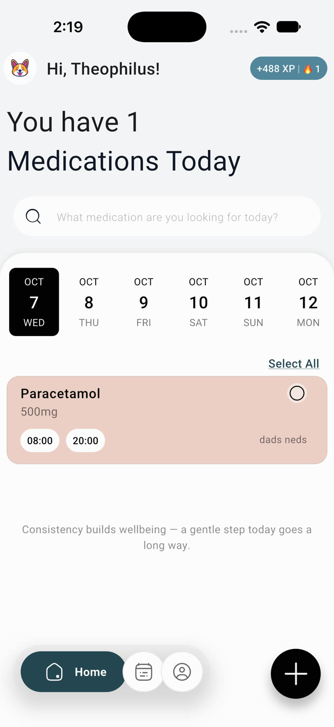 Don'tForgetDad home screen showing today's Paracetamol doses