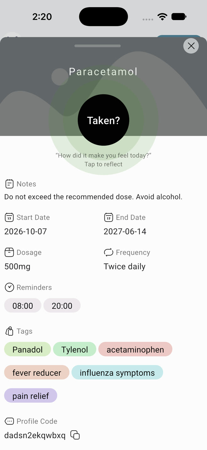 Paracetamol detail screen with reminders at 08:00 and 20:00