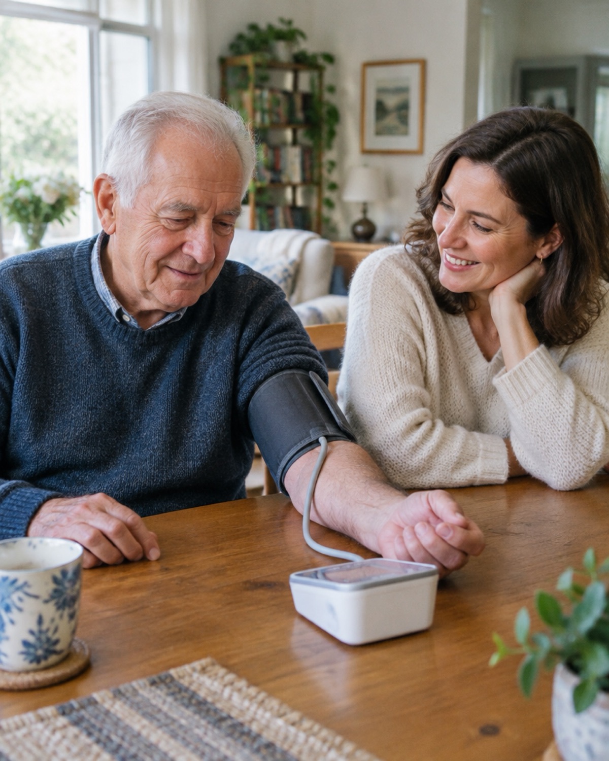 An older man checking his blood pressure with his daughter beside him