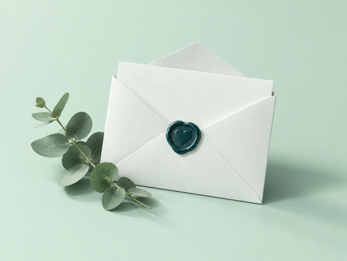A white envelope sealed with a teal heart-shaped wax seal, resting on a mint surface beside a sprig of eucalyptus