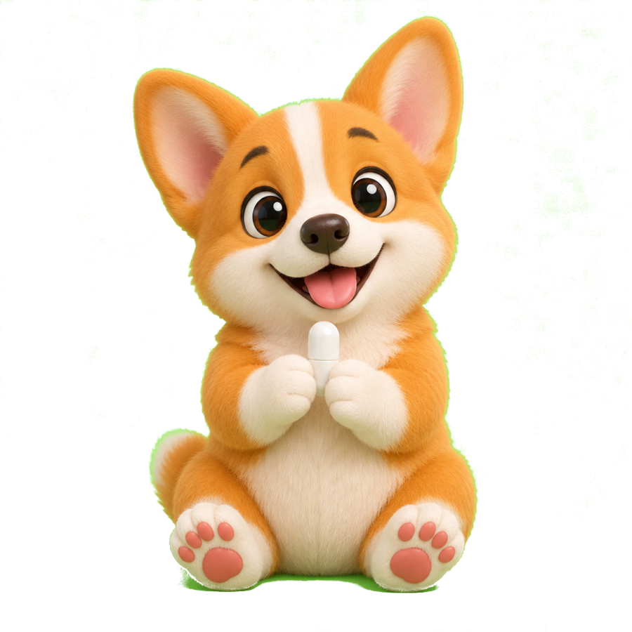A 3D corgi mascot holding a capsule
