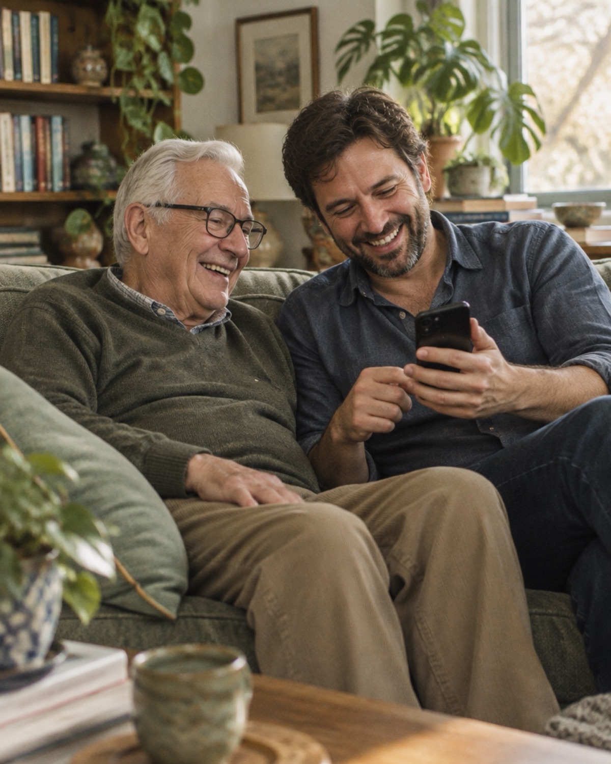 A grandfather and his son laughing together over a phone