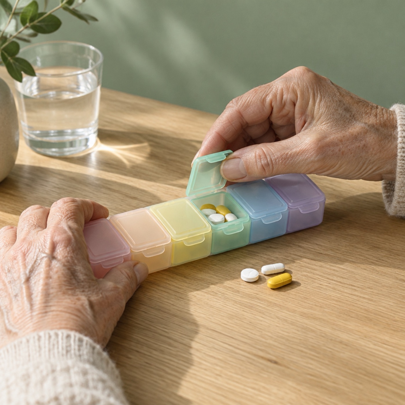 Hands opening a weekly pill organiser