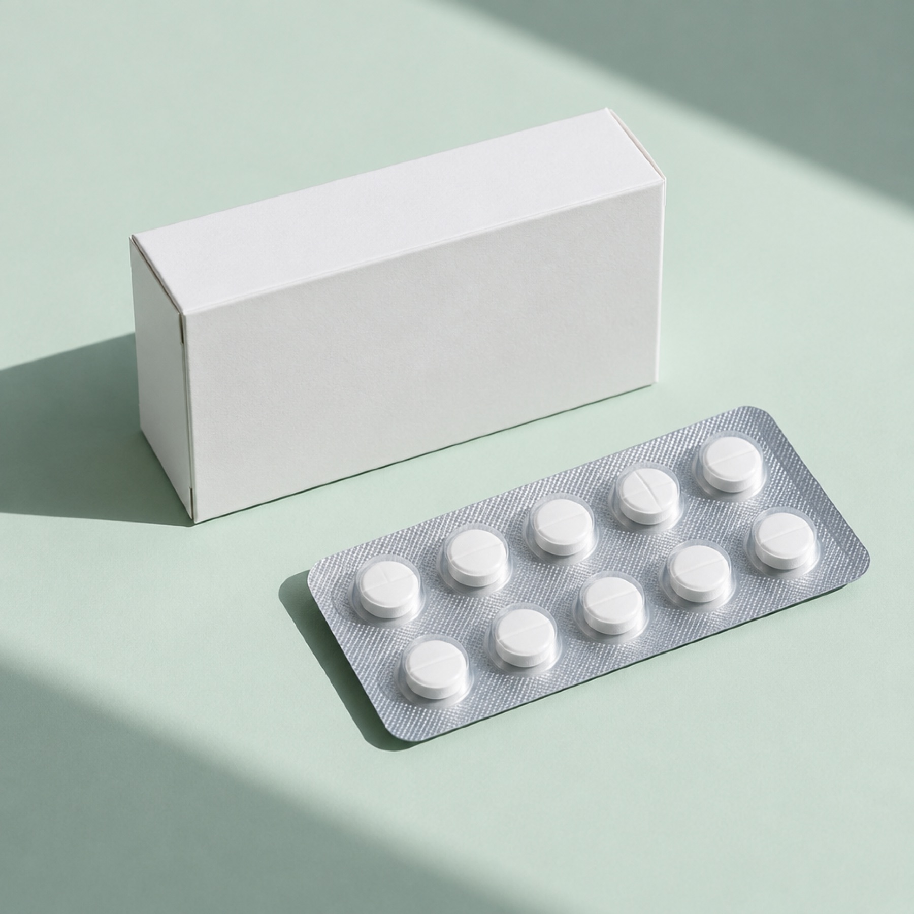 A medication box and blister pack on a mint surface